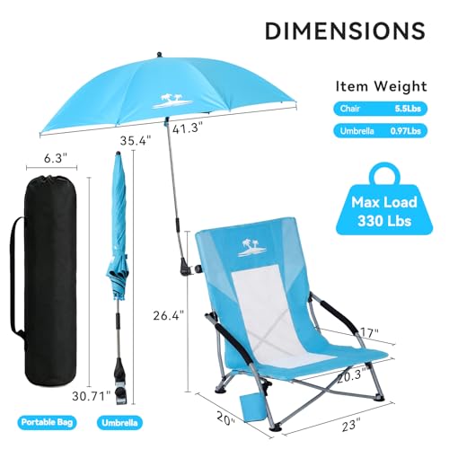 Folding Beach Chair with Umbrella, Low Profile Portable Sand Chair for Adults, Breathable Mesh Beach Seat with Cup Holder,...