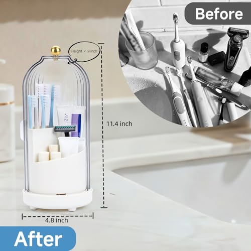 Johehe Toothbrush Organizer with Cover,3 Slots for Bathroom Toothbrush Holders with Lid,Dustproof Design,Rotating Holder,I...