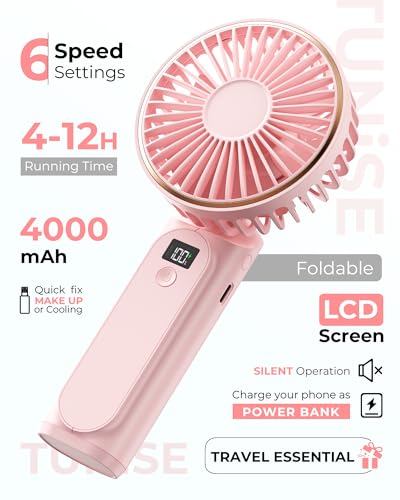 TUNISE Portable Handheld Fan, 4000mAh, 180 Adjustable, 6 Speed Wind, USB Rechargeable Foldable Fan with Real-Time Display