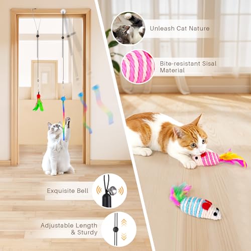 HONGDDY Cat Toys for Indoor Cats, 14Pcs 4 in 1 Cat Interactive Toys, Hanging Door Kitten Wand with Suction Cup Removable F...
