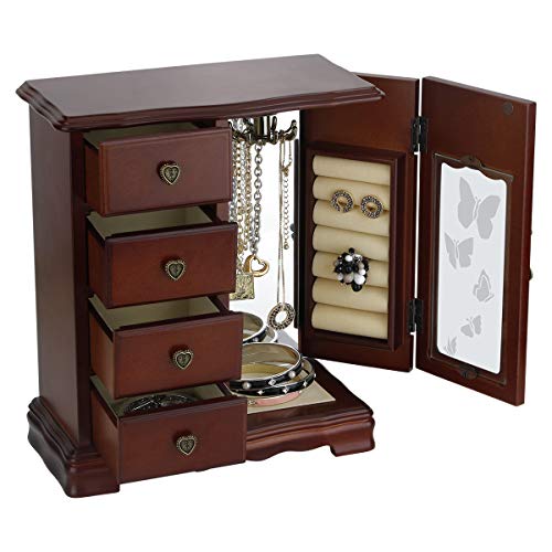 RR ROUND RICH DESIGN Solid Wooden Jewelry Box Makeup and Organizer Women Ring Storage with 4-Drawers Built-in Necklace Car...
