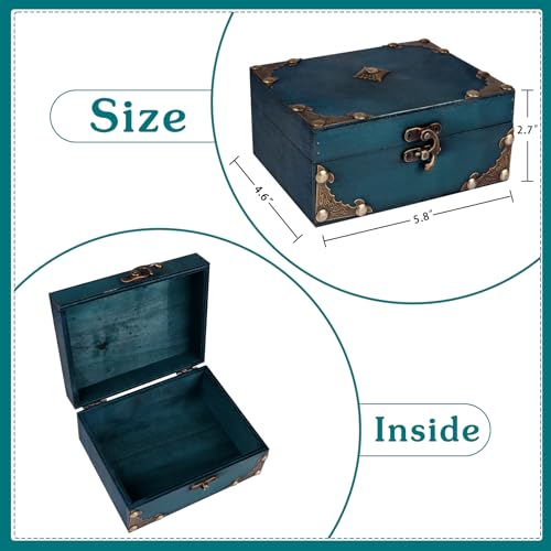 WaaHome Wood Treasure Box 5.5'' Small Decorative Teal Pirate Treasure Chest Jewelry Keepsakes Box for Kids Girls Boys Wome...