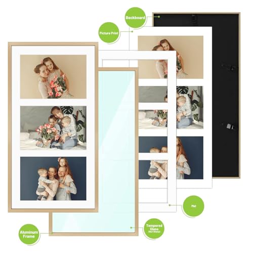 Golden State Art, 5x7 Aluminum Collage Frame, Displays 7x5 Pictures With 3 Openings Mat or One 8.5x16.3 Photo, Real Glass,...