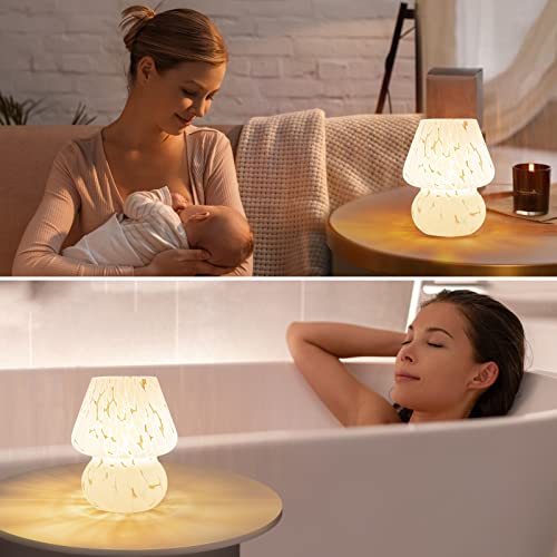 ONEWISH Mushroom Lamp Small Bedside Table Lamp-Nightstand Nightlight Dimmable Stepless, Translucent Glass White Desk Lamp ...