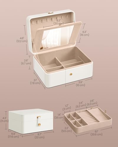 SONGMICS Jewelry Box Organizer with Mirror, 2-Layer Jewelry Holder Case, Removable Tray, 6.9 x 8.7 x 4.3 Inches, Earring N...