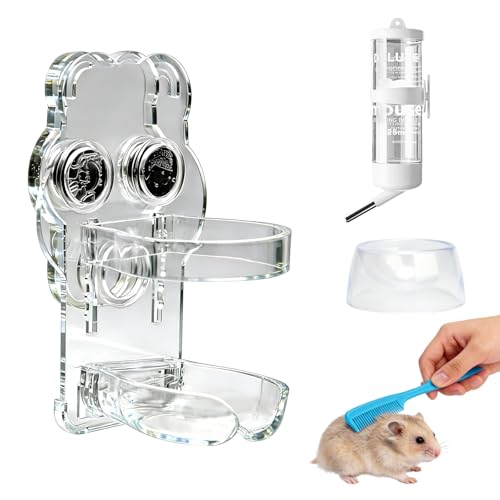 Magnetic Hamster Water Bottle Holder with 80ml Water Bottle & Feeding Bowl, Adjustable Height & Drop-Resistant, for Hamste...