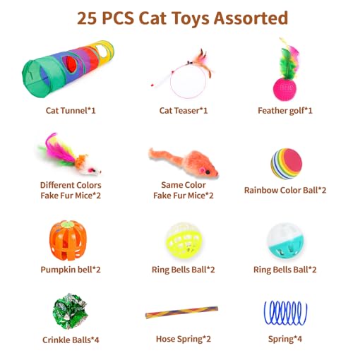 iCAGY 25 Pcs Cat Toys for Cats, Indoor Kittens - Interactive Variety Pack, 45 inches Rainbow Cat Tunnel, Feather Teaser, F...