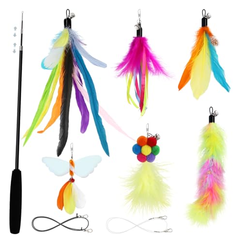 SONGWAY Cat Wand Toys for Indoor Cats - Cat Toy Set with Retractable Teaser Wand and 6 PCS Colorful Large Feather Toy Refi...