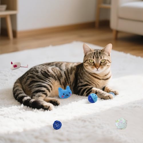 Andiker 6Pcs Cat Toy Pack, Cats Toy Set with Crinkle Balls, Pet Bell Balls, Pet Mouse Toy and Rattan Ball Stimulate Cats H...