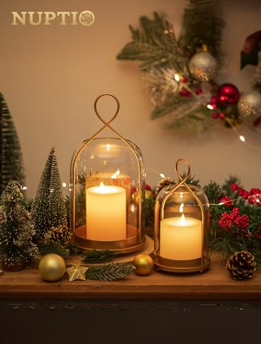 NUPTIO Glass Lanterns Decorative Outdoor: Gold Hurricane Candle Holders for Pillar Candles - Set of 2 Hanging Lantern for ...
