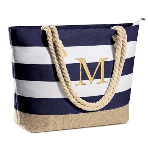 YOOLIFE Initial Canvas Waterproof Beach Tote Bag Zipper Personalized Gifts for Women Her Birthday Travel Beach Essential