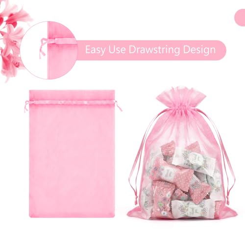 FUNFERY 100 Pcs Pink Organza Bags 5x7 in, Small Mesh Drawstring Gift Bags for Sachet, Jewelry, Candy, Wedding Favor, Valen...