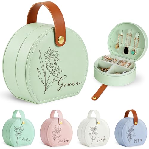 Jumaple Mothers Day Gifts for Mom, Personalized Jewelry Box with Name Birth Flower, Custom Small Leather Jewelry Travel Ca...