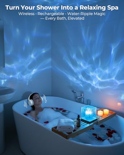 Rechargeable Shower Light Cube, 16 Color Ocean Wave Projector Light Battery Operated, Waterproof Shower Mood Lighting with...