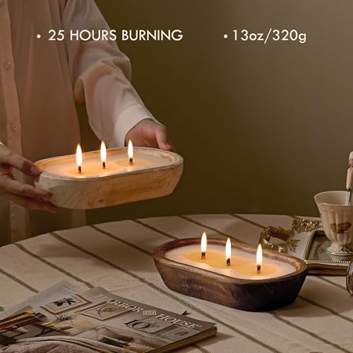 Woodronic 3 Wick Dough Bowl Candle, Vanilla Scented Sachet with White Wooden Bowl, 10 Inch Large Soy Wax Candle for Home D...