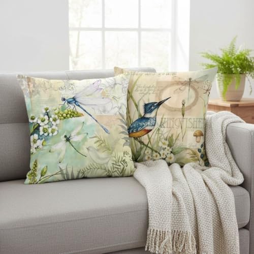 Hopomoon Throw Pillow Covers 18x18 Set of 4 Spring Summer Vintage Hummingbird Dragonfly Floral Rustic Garden Theme White L...