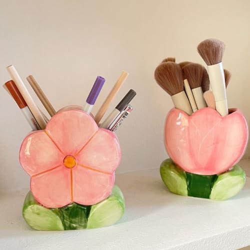 Busnos Pink Makeup Brush Holder Pen Holder for Office Desk Accessories Aesthetic Pencil Holder Cute Flower Home Decor Birt...