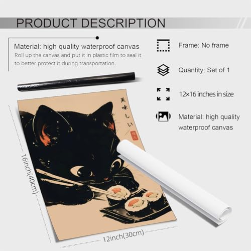 Heltrappe Japanese Cute Black Cat Animal Canvas Poster Delicious Food Sushi Wall Art Vintage Unique Aesthetic Prints for K...