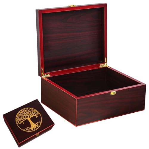 Youdear Memorials Tree of Life Red Wooden Keepsake Box - Large Decorative Storage Box with Lid