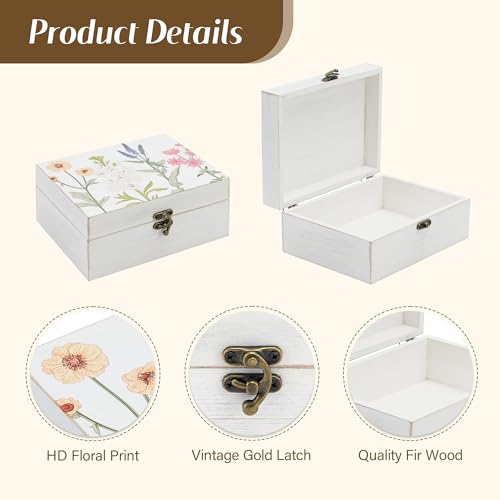 Synovana Small Decorative Box with Hinged Lid Wooden Handmade Keepsake Storage Box Floral Printed Jewelry Box Rustic Trink...