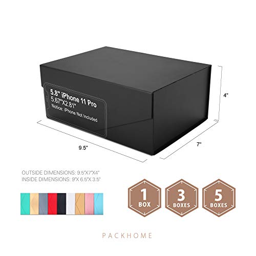 PACKHOME Gift Box 9x6.5x3.8 Inches, Rectangle Collapsible Box with Magnetic Lid for Gift Packaging (Matte Black, Grain Tex...