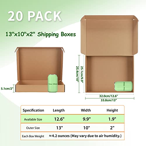 Pemtow 13x10x2 Shipping Boxes Set of 20, Brown Corrugated Cardboard Literature Mailer Box for Packaging, Mailing, Business