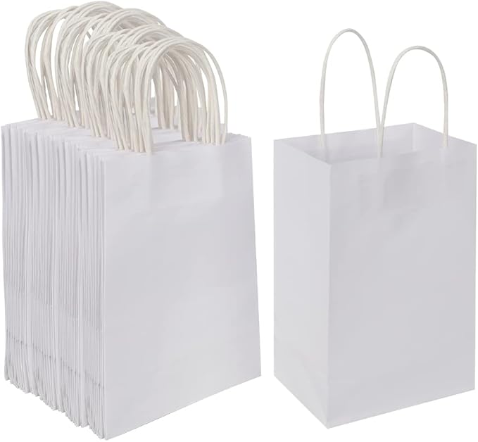 Oikss 100 Pack 5.25x3.25x8.25 Inch Small White Kraft Paper Bags with Handles Bulk for Birthday Wedding Party Favors Grocer...