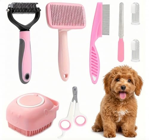 Haminway 8-Piece Dog Grooming Kit – Pink | Pet Brush Set for Shedding, Dematting, Nail Clipping & Bathing | Ideal for Smal...
