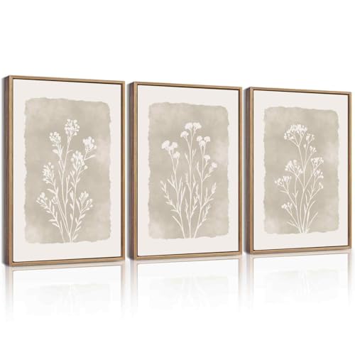 KUVIOKE Boho Botanical Flower Framed Wall Art Farmhouse Vintage Floral Wall Painting Rustic Wildflower Neutral Prints Artw...
