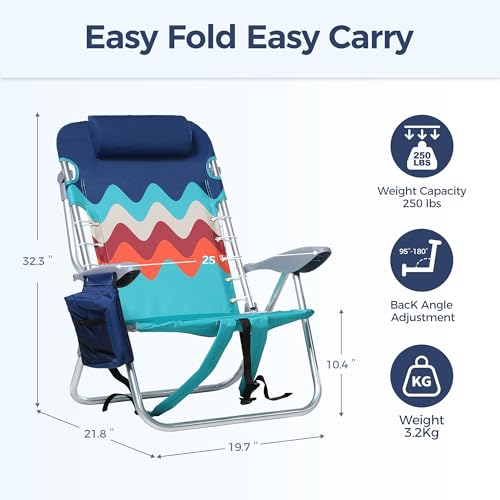 LET'S CAMP Backpack Beach Chair Set of 2, 4-Position Classic Lay Flat, Pillow and Padded Shoulder Straps, Storage Pouch an...