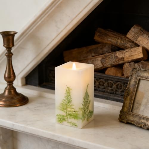 Holitown LED Flickering Flameless Real Wax Ivory Square Pillar Candle Artificial Asparagus Fern Battery Operated with Time...