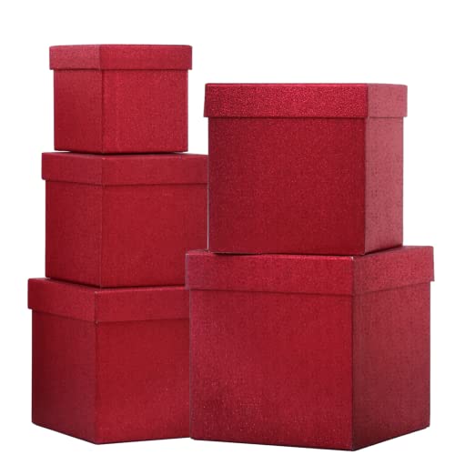 UNIQOOO 5Pcs Red Glitter Xmas Gift Box Set with Lid, Assorted Size, Square Nested Wedding Keepsake Boxes, Holiday Paper Bo...