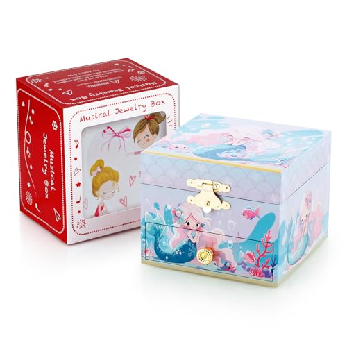 RR ROUND RICH DESIGN Kids Musical Jewelry Box for Girls Include Drawer and Pretty Jewelry Set with Cute Mermaid Theme - Be...
