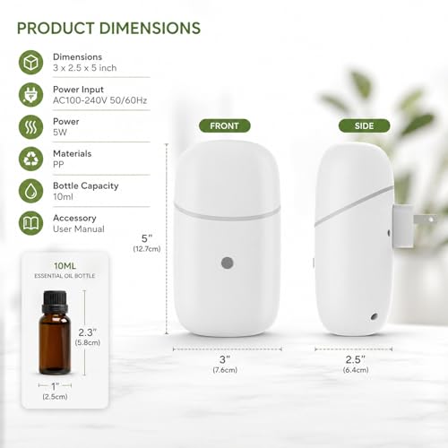 Pvowekia Waterless Essential Oil Diffuser, Cold Waterless Diffuser with Low/High Switch, Plug in Diffuser with Night Ligh...
