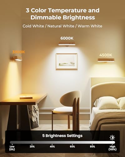 Rechargeable Indoor Wall Sconce Wood, LED Wall Light for Bedroom,Touch and Remote Control,360° Rotate Walnut Wood Wall Lig...