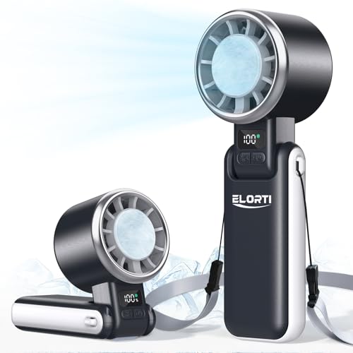 ELORTI Portable Fan, Handheld Fan with Turbo & Ice Cooling, 5-Speed 4000mAh Rechargeable, 3-in-1 Foldable Small Travel Han...