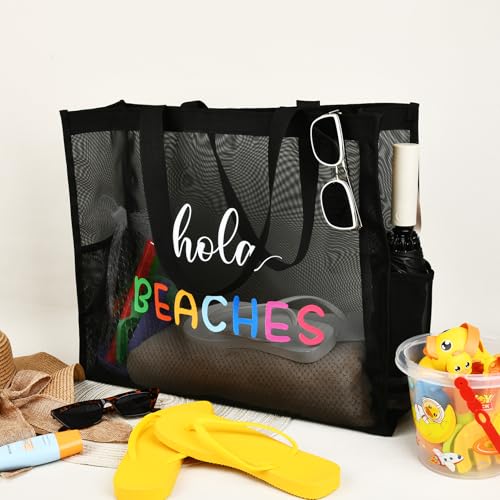 KUIRAN 30L Large Beach Bag with Pouch Foldable Sandproof Lightweight Mesh Tote Bag with Two Pockets for Swimming Travel