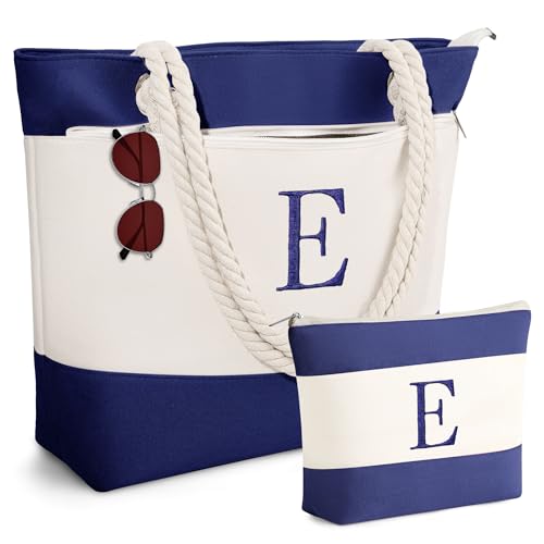 YOOLIFE Beach Bags for Women - Initial Canvas Waterproof Beach Tote Bag, Mothers Day Gifts for Women Mom Wife Friend