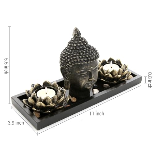MyGift Black Buddha Head Sculpture Zen Garden Set with Lotus Tealight Candle Holders and Wooden Display Tray, Decorative T...