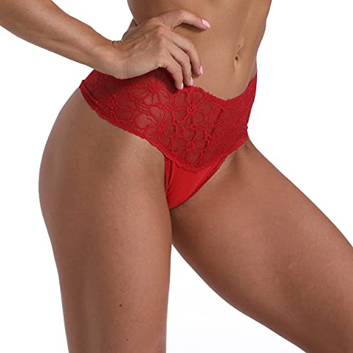 WKFIINM Pack 6 High Waisted Lace Thong for Women Cotton Underwear Plus Size High Rise Retro Tummy Control Thongs Panties