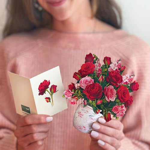 Freshcut Paper Pop Up Cards, Mini Blooming Roses, 6 Inch Mini Sized Forever Flower Bouquet 3D Popup Greeting Cards, Valent...