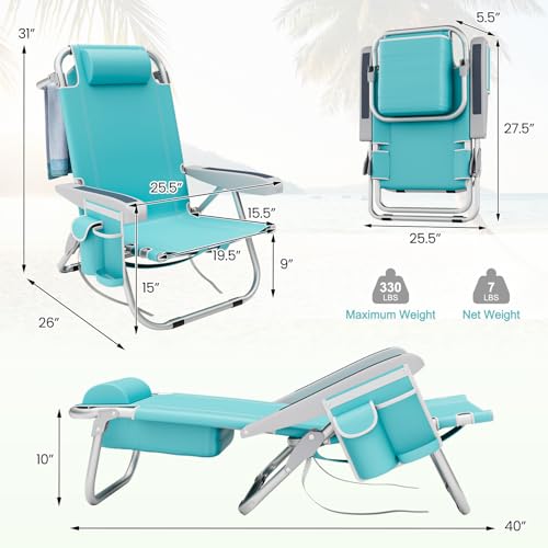 Tangkula Set of 2 Backpack Beach Chair, 5-Position Lightweight Folding Lay Flat Beach Chairs with Storage Bag, 2 Cup Holde...