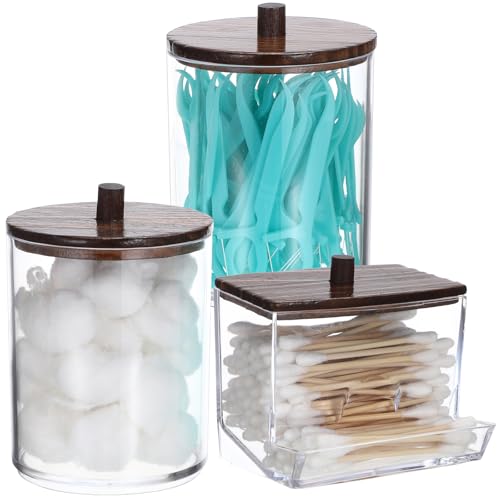 Hipiwe 3 Pack Acrylic Cotton Ball Holder Clear Qtip Holder Bathroom Canister Storage Box with Lid Apothecary Jars Makeup O...