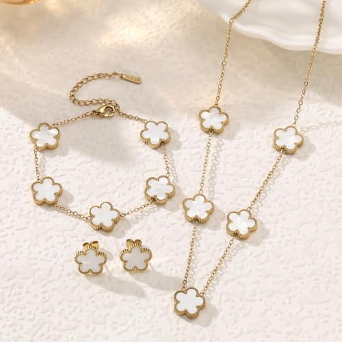 Lucky Clover Neckalce Earring Bracelet Set For Women Gold Plated Stainless Steel Chain Necklace with Flower Design Five Le...