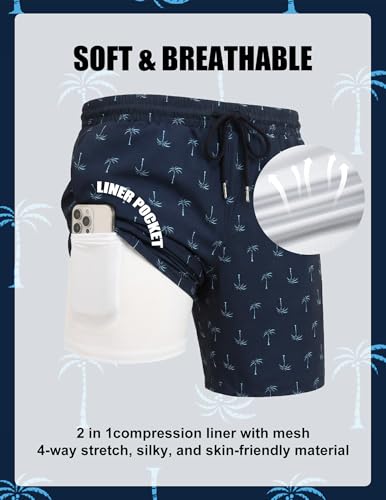 COOFANDY Mens Swim Trunks with Compression Liner Quick Dry 7 Inch Bathing Suit Beach Short with Zipper Pockets