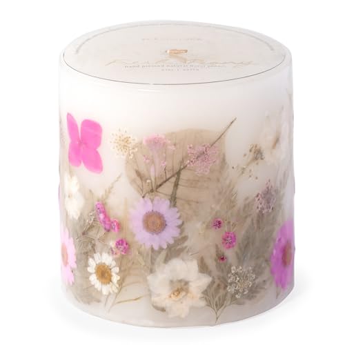 ANDALUCA Pressed Real Flowers Handcrafted Botanical Floral Pillar Candle (Fresh Peony)