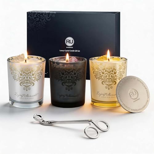 RU HANDMADE Luxury Soy Candle Gift Set for Women – 3 Pack 7oz Crystal Glass Aromatherapy Candles, 120H Total Burn Time, So...