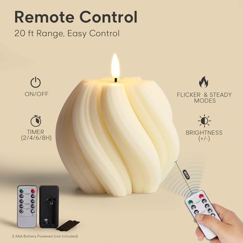 Girimax Cream White Swirl Flameless Candles with Remote, Aesthetic Twirl LED Pillar Candle Housewarming Gift Home Shelf De...