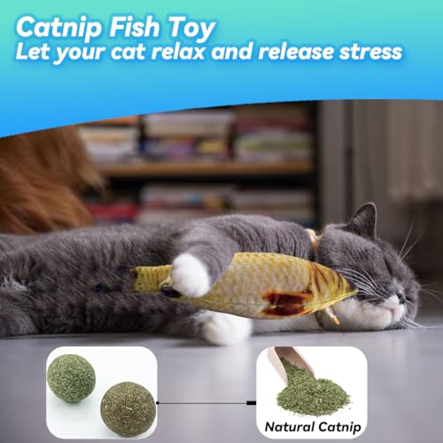 QUVOVID Cat Toys 27 Packs Combo Set, Cat Catnip Fish and Ball Toy, Cat Bell Balls Crinkle Balls, Cat Spring Toys, Plush Mi...