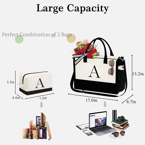 YOOLIFE Mothers Day Gifts - Initial Canvas Tote Bag & Makeup Bag, Birthday Gifts for Women Mom Sister Friends